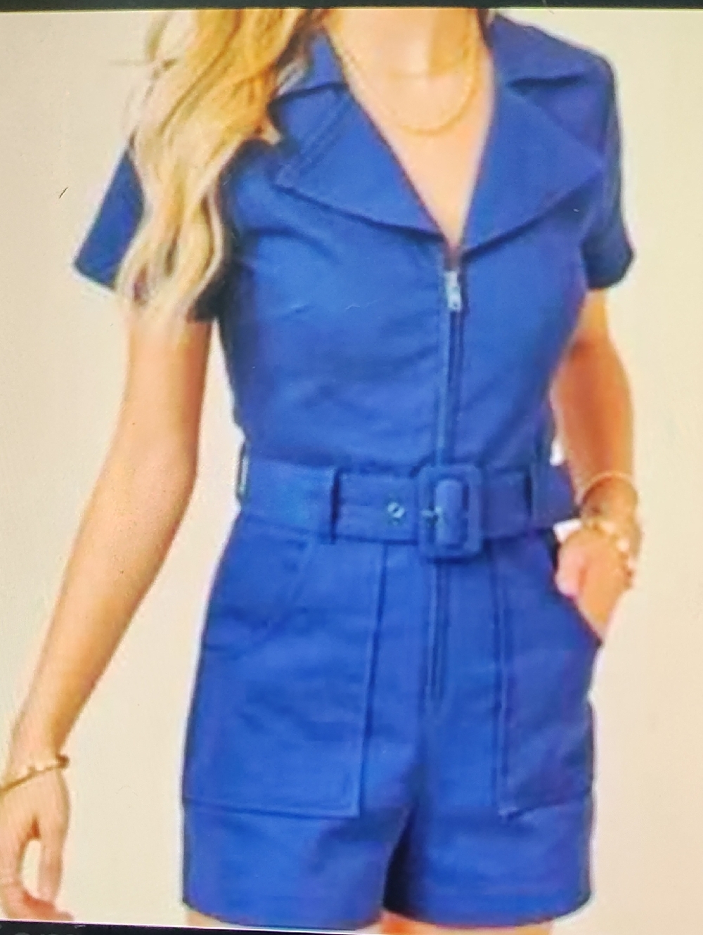 Women's Blue Short-Sleeve Belted Romper